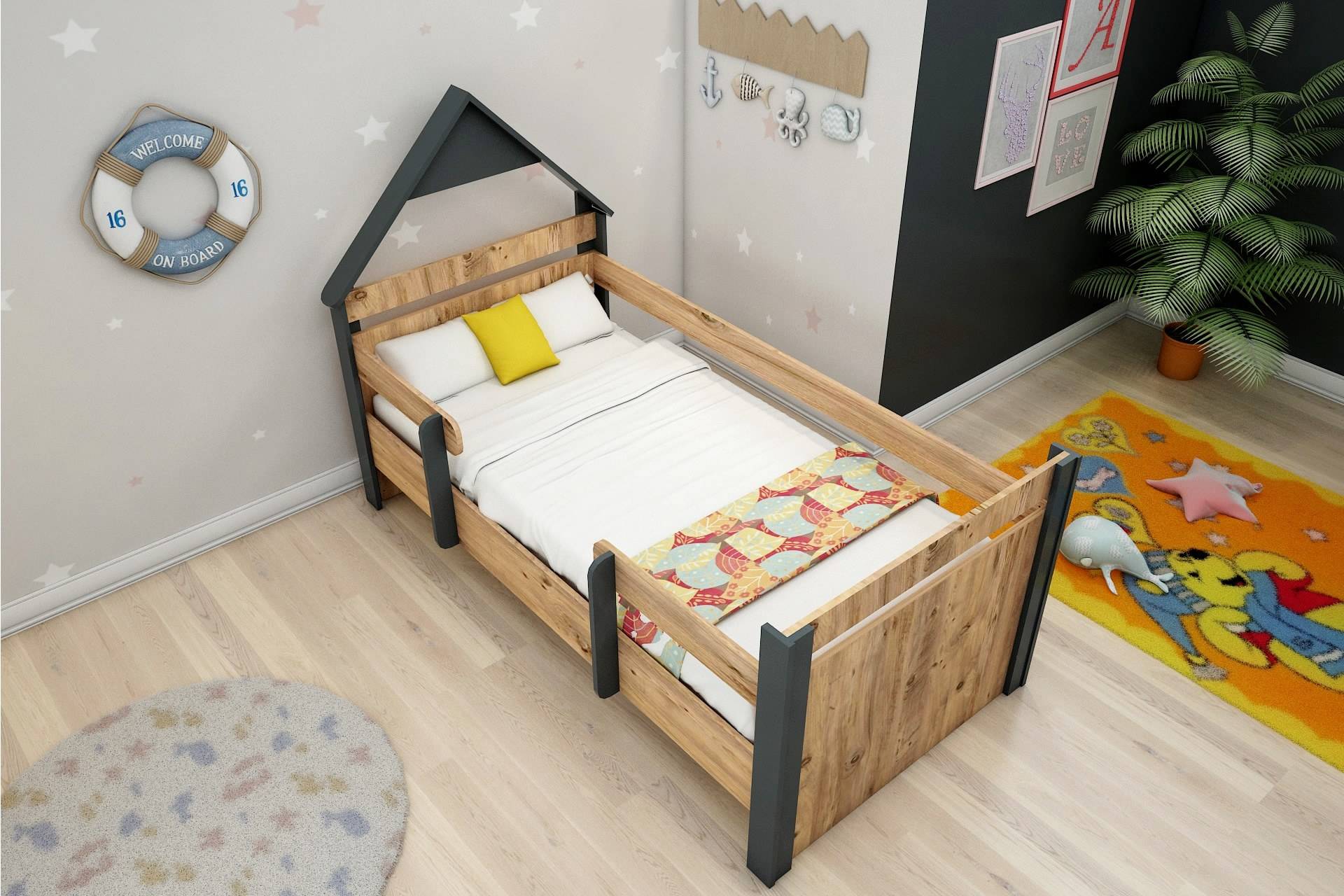 Lit simple pour enfants décoré, lit bébé décoré avec commode et