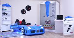 Currus Letto interattivo in legno per auto da corsa LED blu e bianco