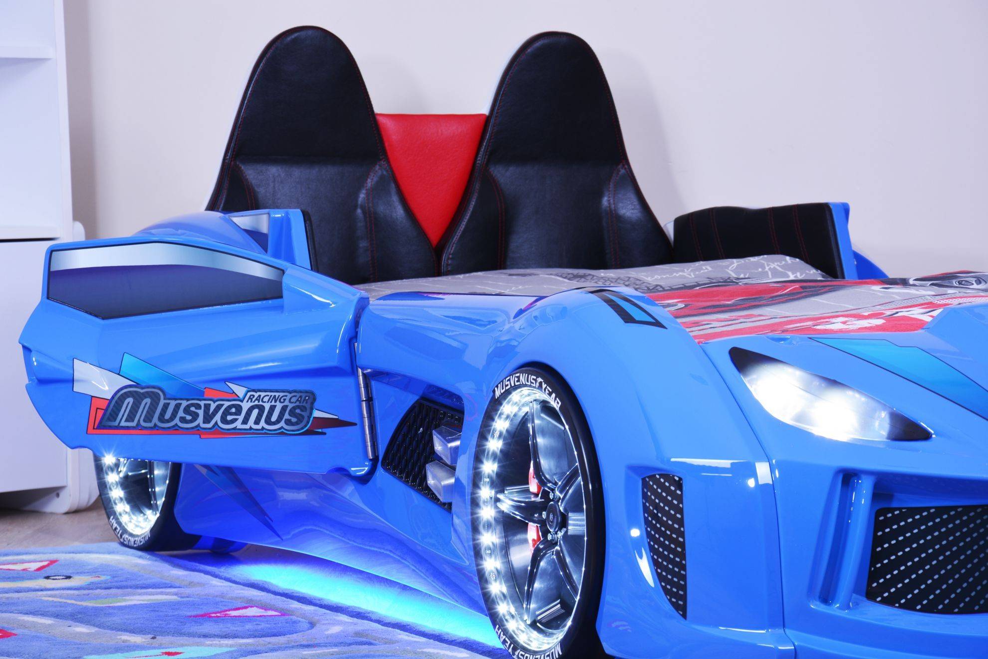 Lit voiture de course interactif pour enfant Currus Bois Bleu et LED Bleu  et Blanc