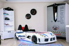 Currus Houten Interactief Raceauto Bed Wit en LED Blauw en Wit