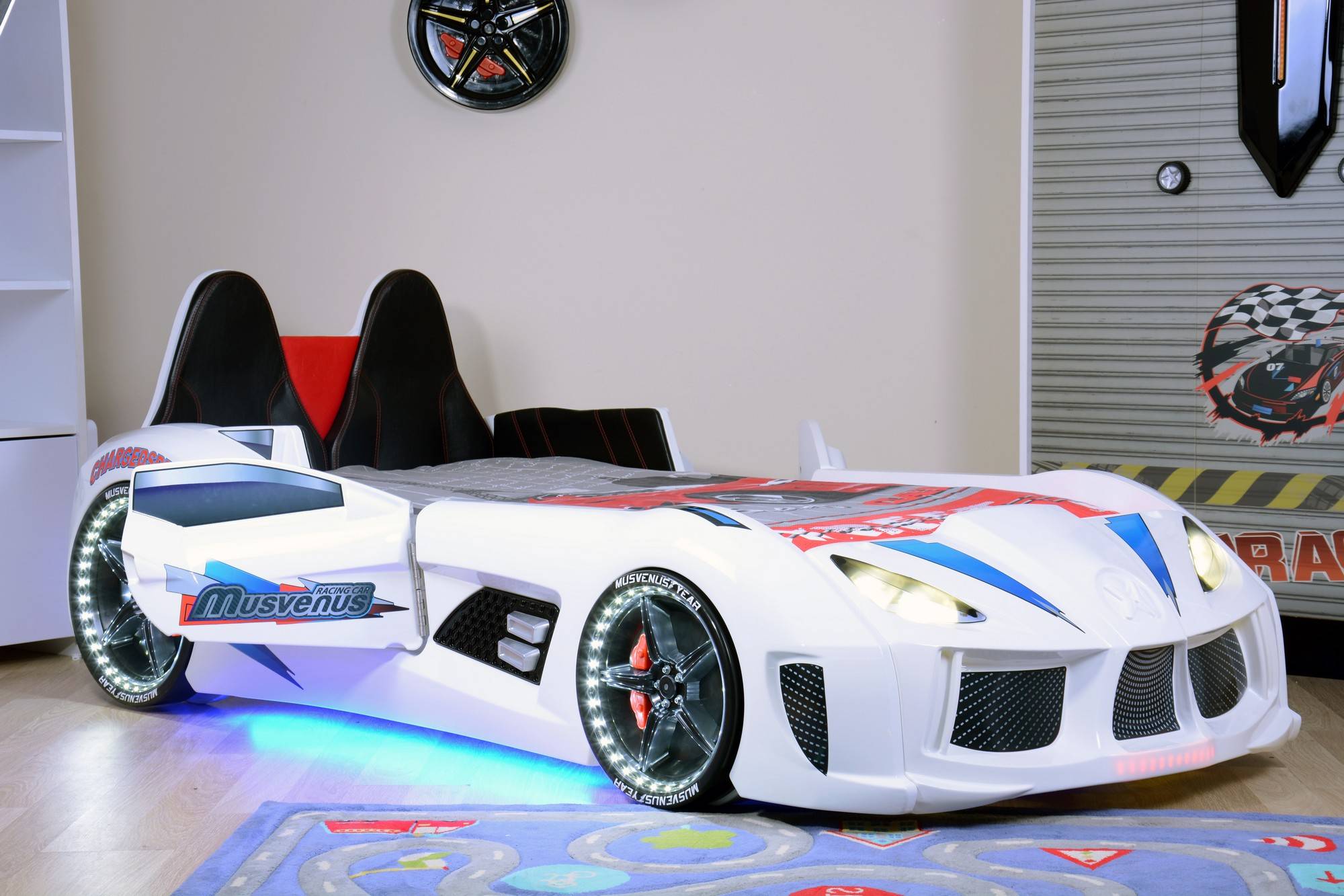 Lit voiture de course interactif pour enfant Currus Bois Bleu et LED Bleu  et Blanc