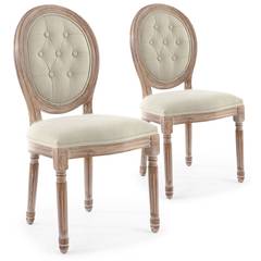 Louis XVI Set mit 2 Medaillon Stühlen, Patiniertes Holz & Gepolsterter Stoffbezug Beige