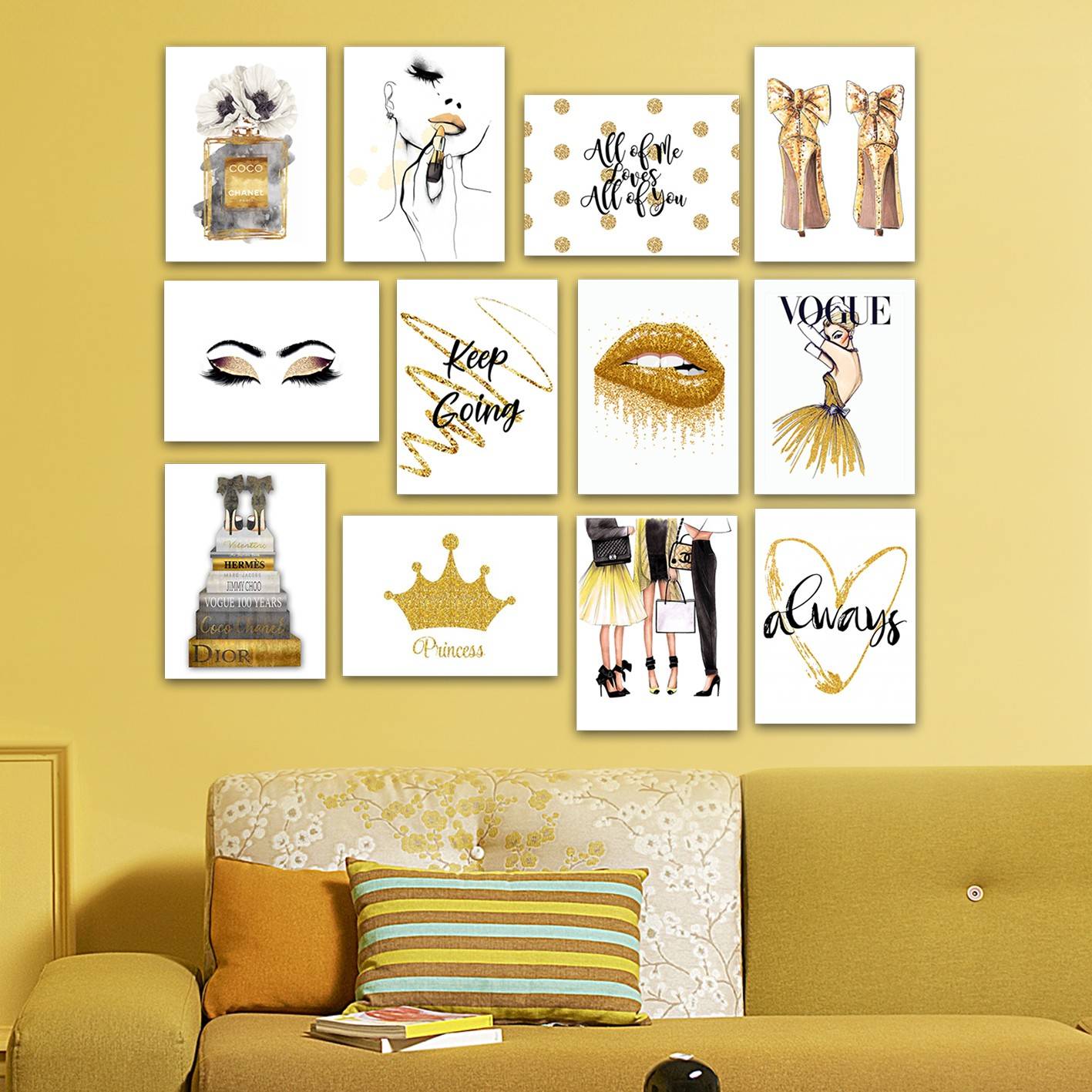 Assortiment de 12 tableaux thème inspirant glamour Aranea 20 x 15 cm MDF Blanc Noir Jaune d'or