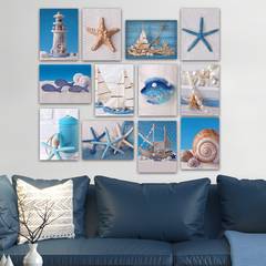 Lot de 12 tableaux abstrait Aranea L20xH15cm Motif Coquillage et étoiles de mer Bleu, Beige et Blanc