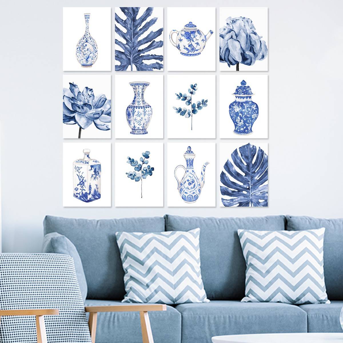 Assortiment de 12 tableaux thème céramique & botanique Aranea 20 x 15 cm MDF Blanc Bleu