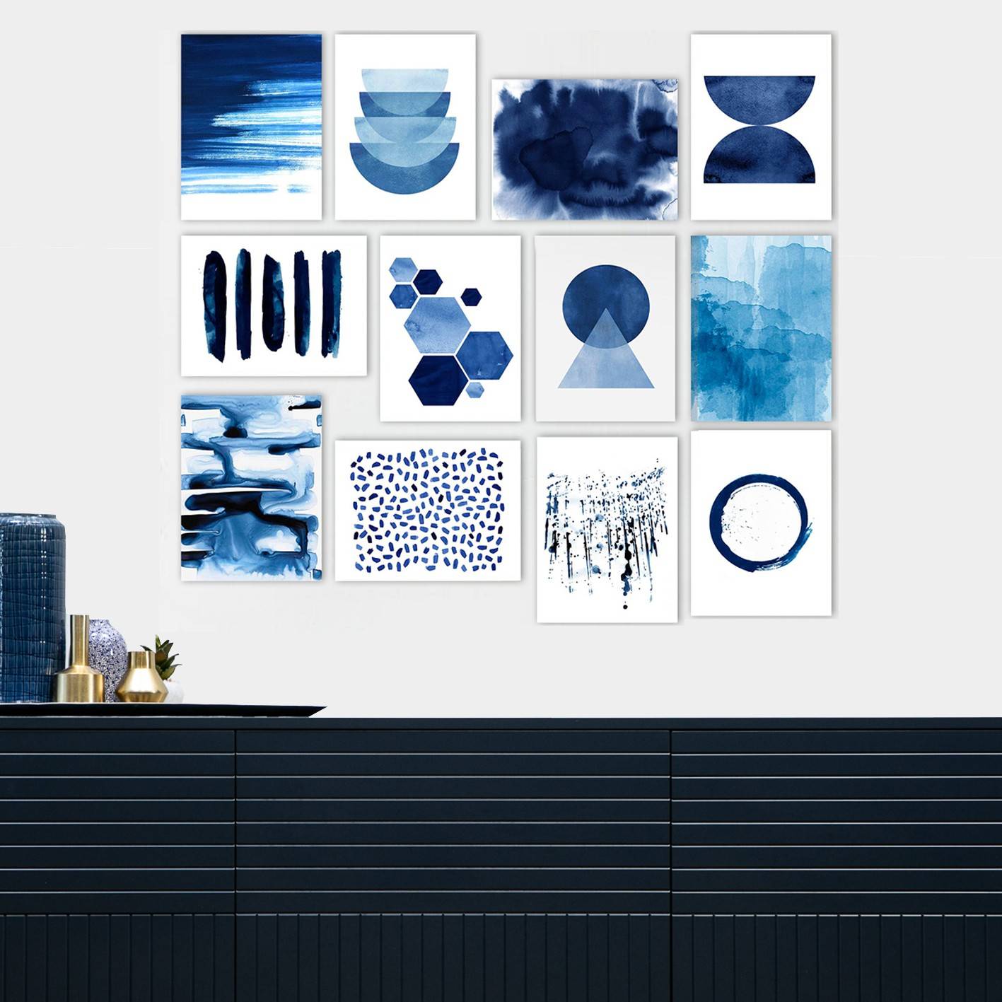 Assortiment de 12 tableaux thème aquarelle géométrique Aranea 20 x 15 cm MDF Blanc Bleu
