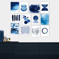 Assortiment van 12 geometrische aquarel schilderijen Aranea 20 x 15 cm MDF Wit Blauw