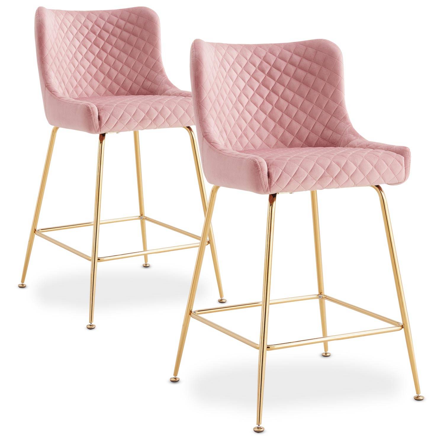 Lote de 2 sillas de bar Bellamy terciopelo rosa patas doradas