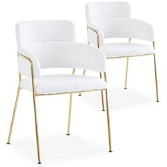 Lot de 2 chaises design Ginko métal doré et Tissu bouclette Blanc
