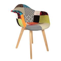 Lot de 2 fauteuils style scandinave Aurillac Bois massif clair et Tissu Patchwork floral et tweed Multicolore