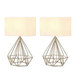 Set van 2 Amaya Diamond Corded tafellampen creme wit stof en antiek goud metaal