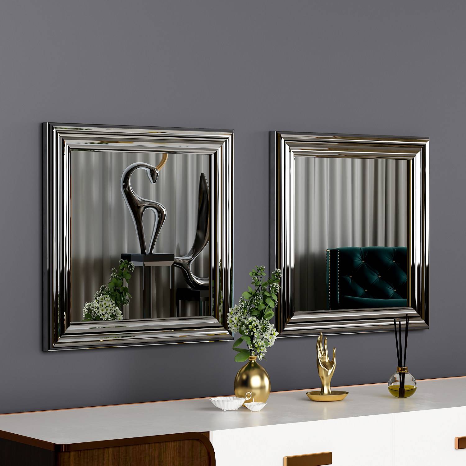 Set di 2 specchi da parete Kafka 40x40cm Legno Argento