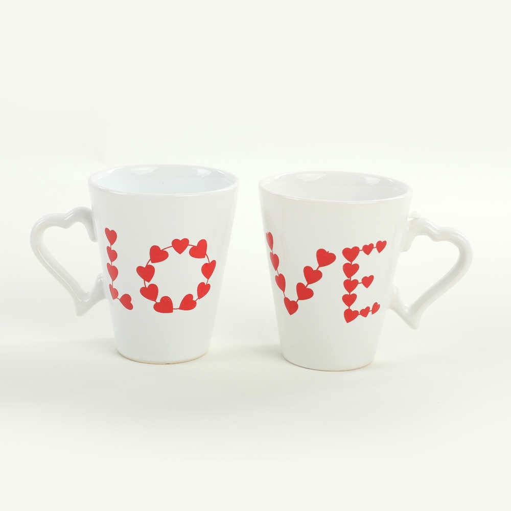 Lot de 2 mug Merasse Céramique Motif "LOVE" Blanc et Rouge