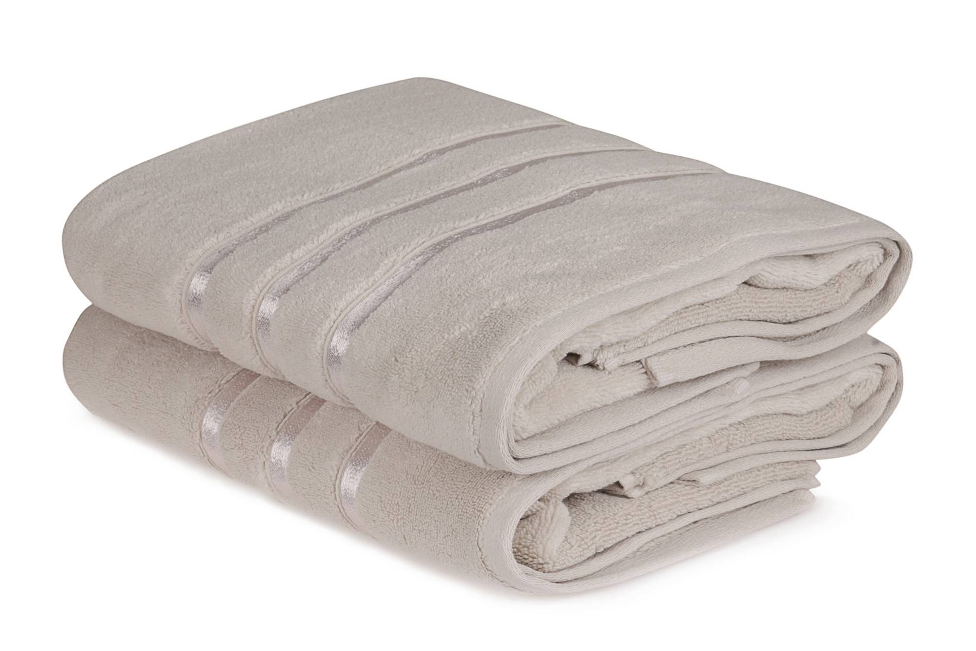 Lot de 2 serviettes de bain trois liteaux texture pelucheuse Vitta 70x140cm 100% Coton Grège