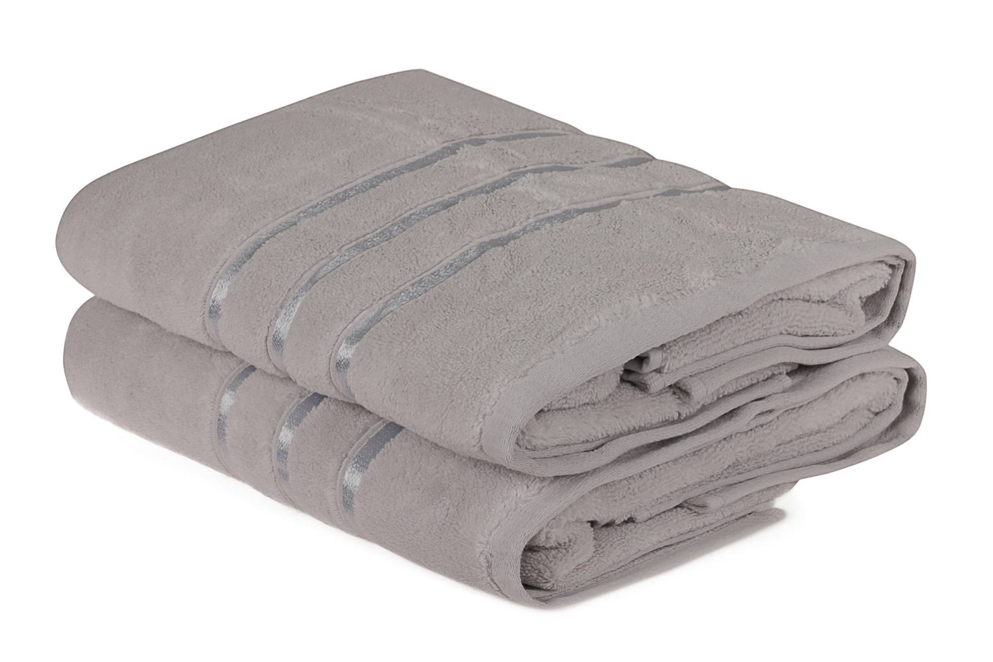 Lot de 2 serviettes de bain trois liteaux texture pelucheuse Vitta 70x140cm 100% Coton Gris clair