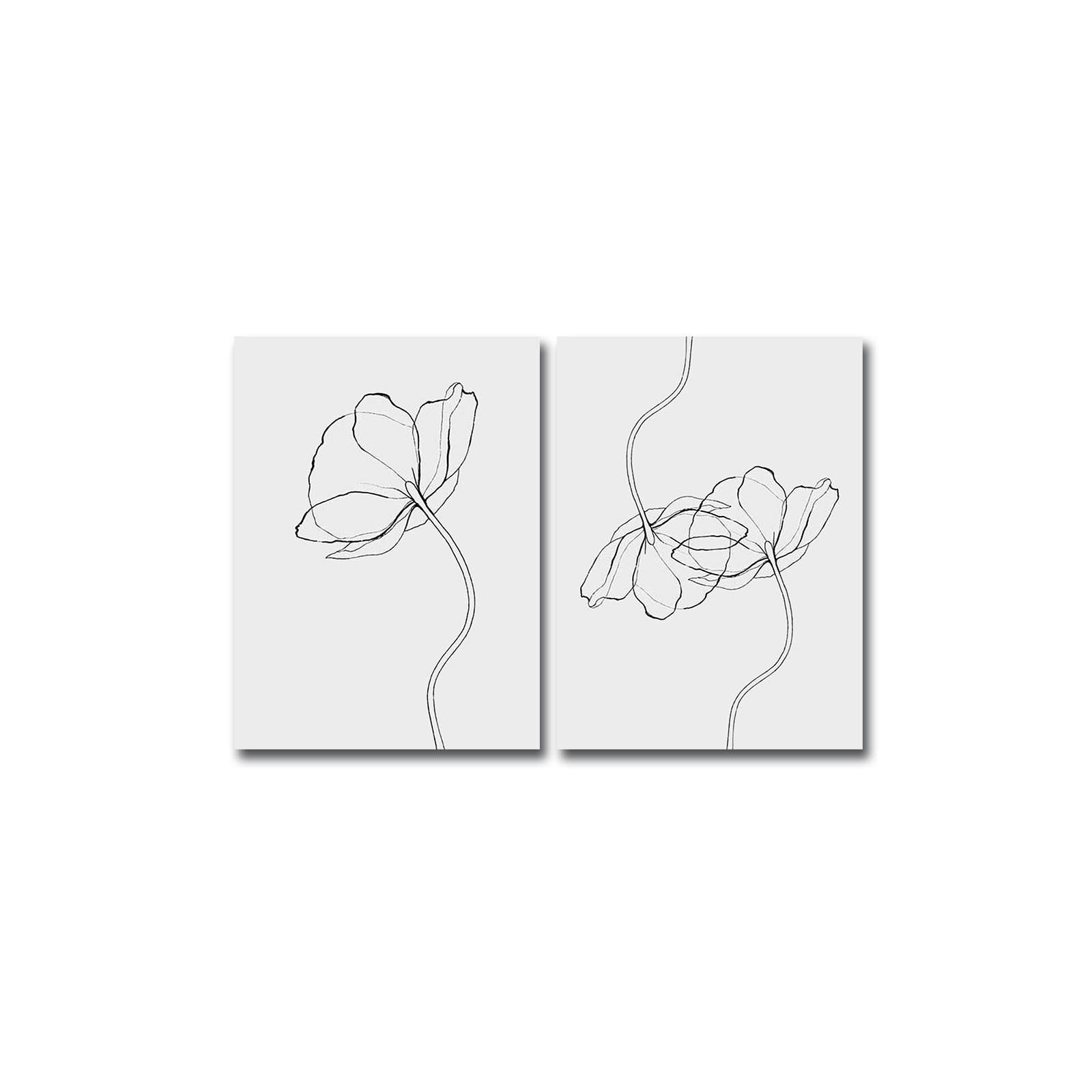 Conjunto de 2 cuadros de flores minimalistas Vagum encuadernados en lona de ante blanco y negro