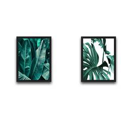 Juego de 2 pinturas decorativas Duo hojas verdes Papel y panel laminado Multicolor 