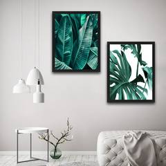 Juego de 2 pinturas decorativas Duo hojas verdes Papel y panel laminado Multicolor 