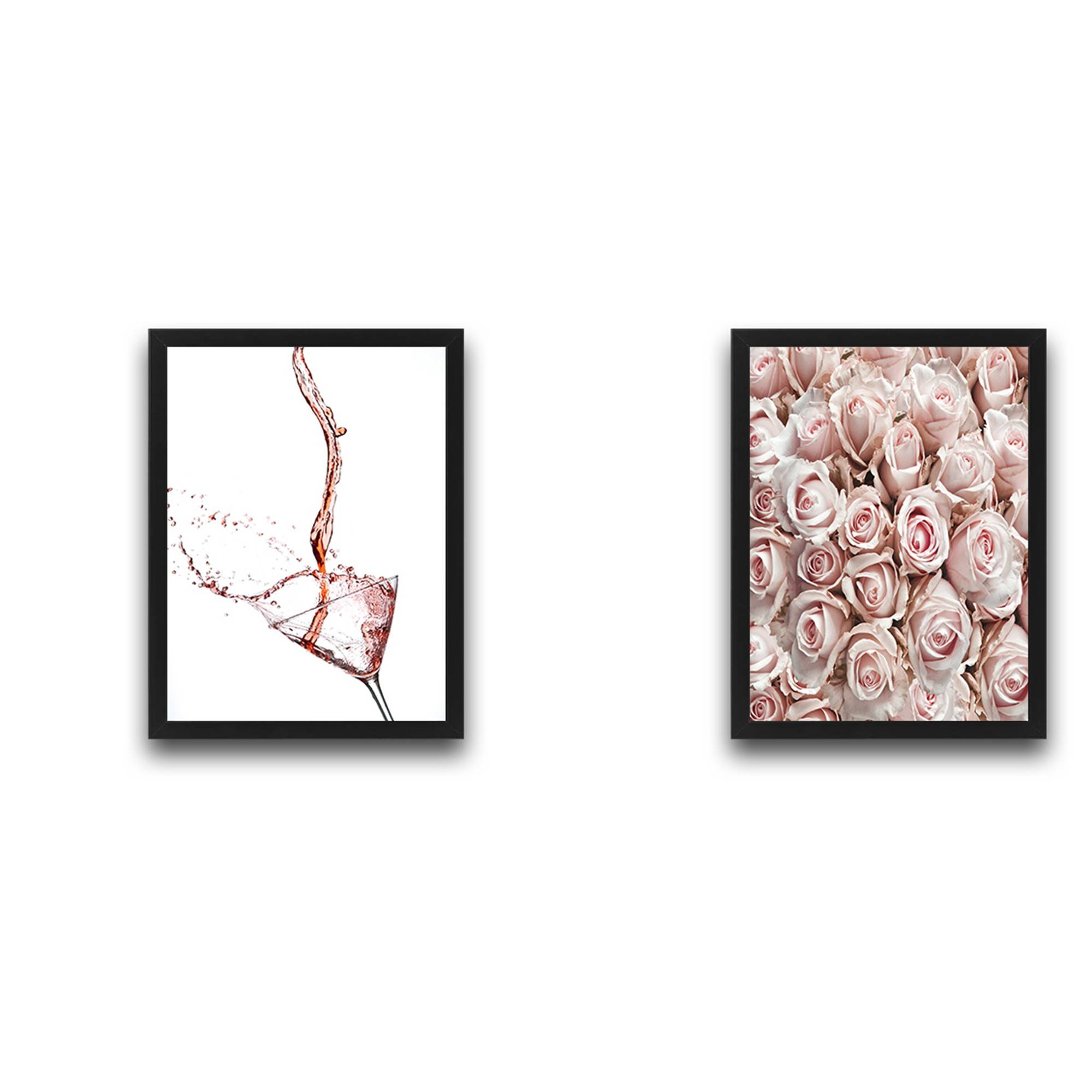 Set van 2 decoratieve schilderijen Duo roos boeket roze wijn Papier en gelamineerd paneel Multicolour 