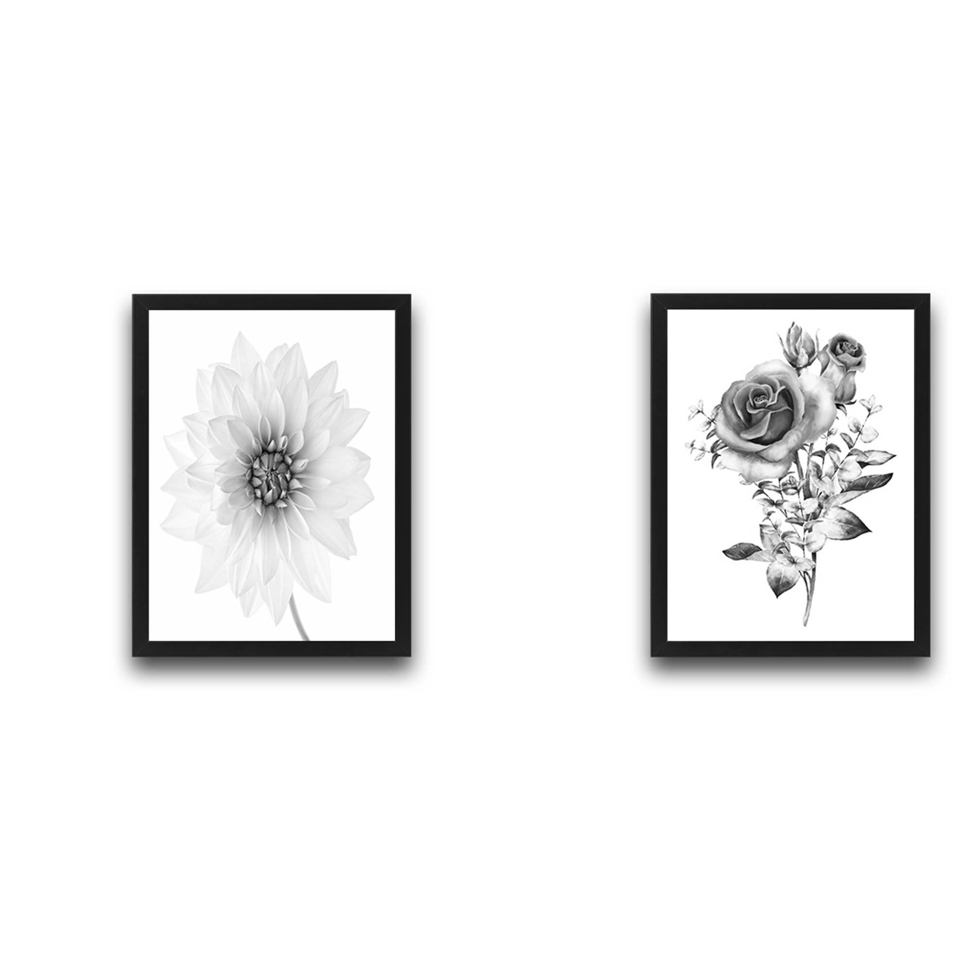 Set van 2 Decoratieve Schilderijen Duo Rose Bloemen Papier en Gelamineerd Paneel Tinten Grijs
