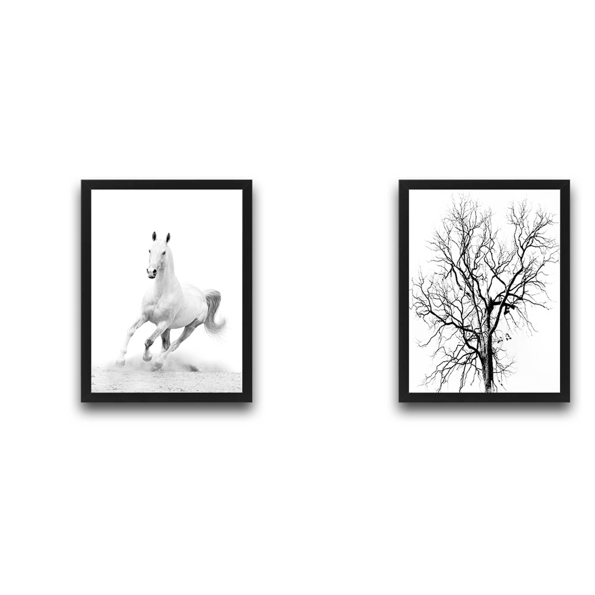 Juego de 2 pinturas decorativas Duo caballo blanco pluma Papel y panel laminado Sombras grises