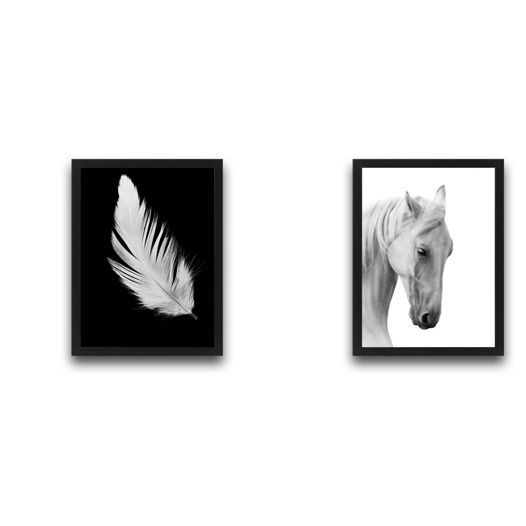 Set di 2 dipinti Duo L30xH40cm Motivo piume e cavalli Bianco e nero