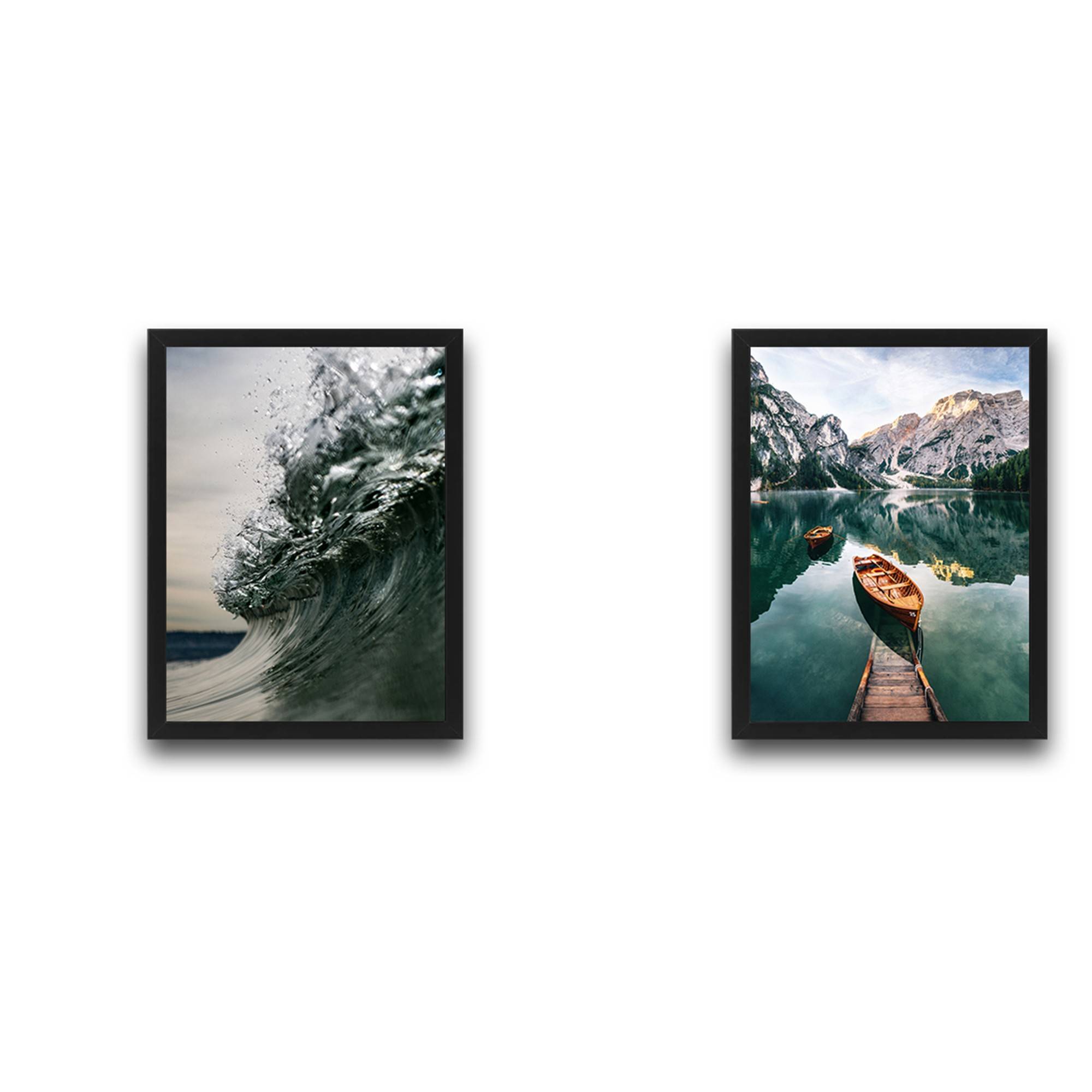 Set di 2 dipinti Duo L30xH40cm Motivo onda e barca in un lago