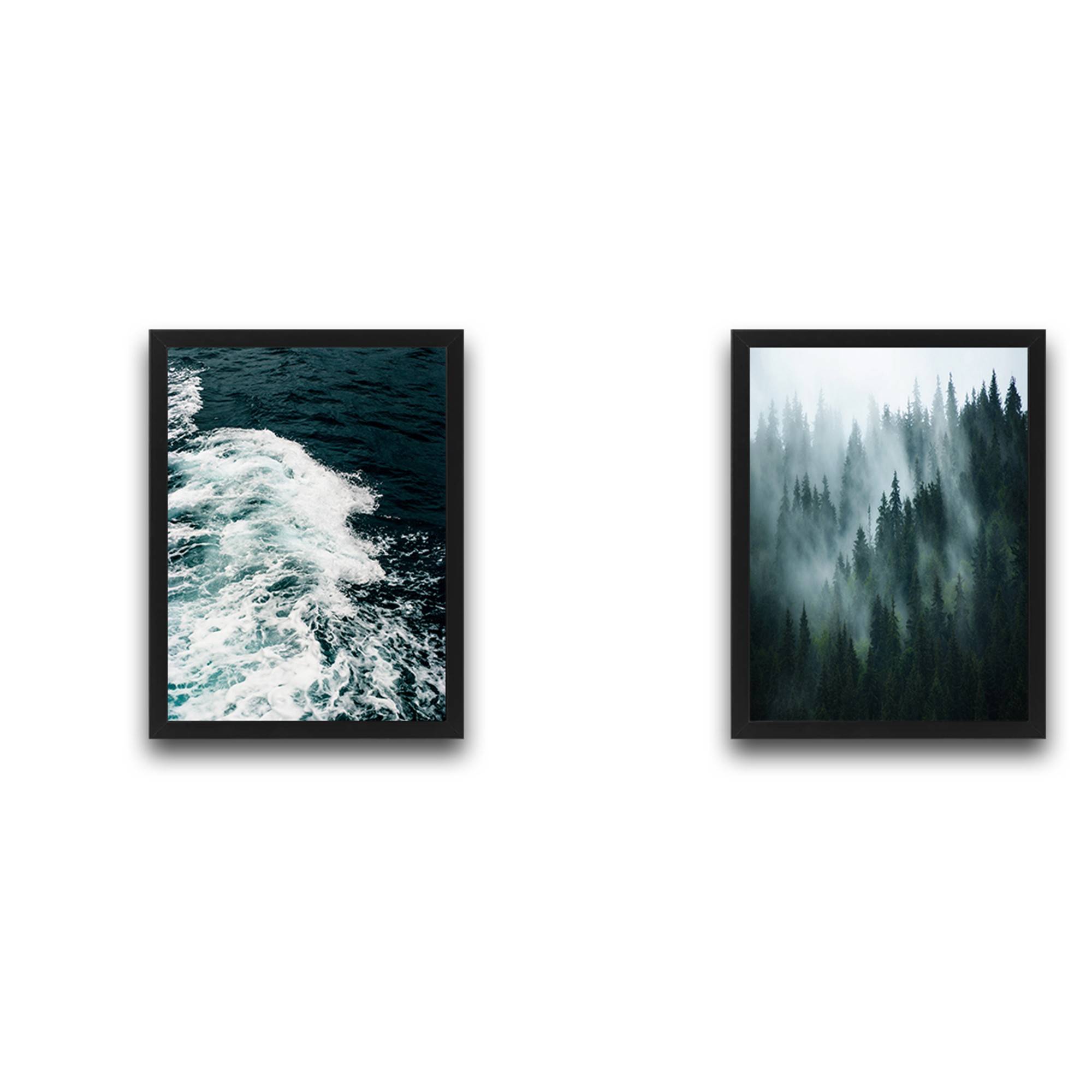 Set di 2 quadri Duo L30xH40cm Motivo a onde e foresta Verde scuro e bianco
