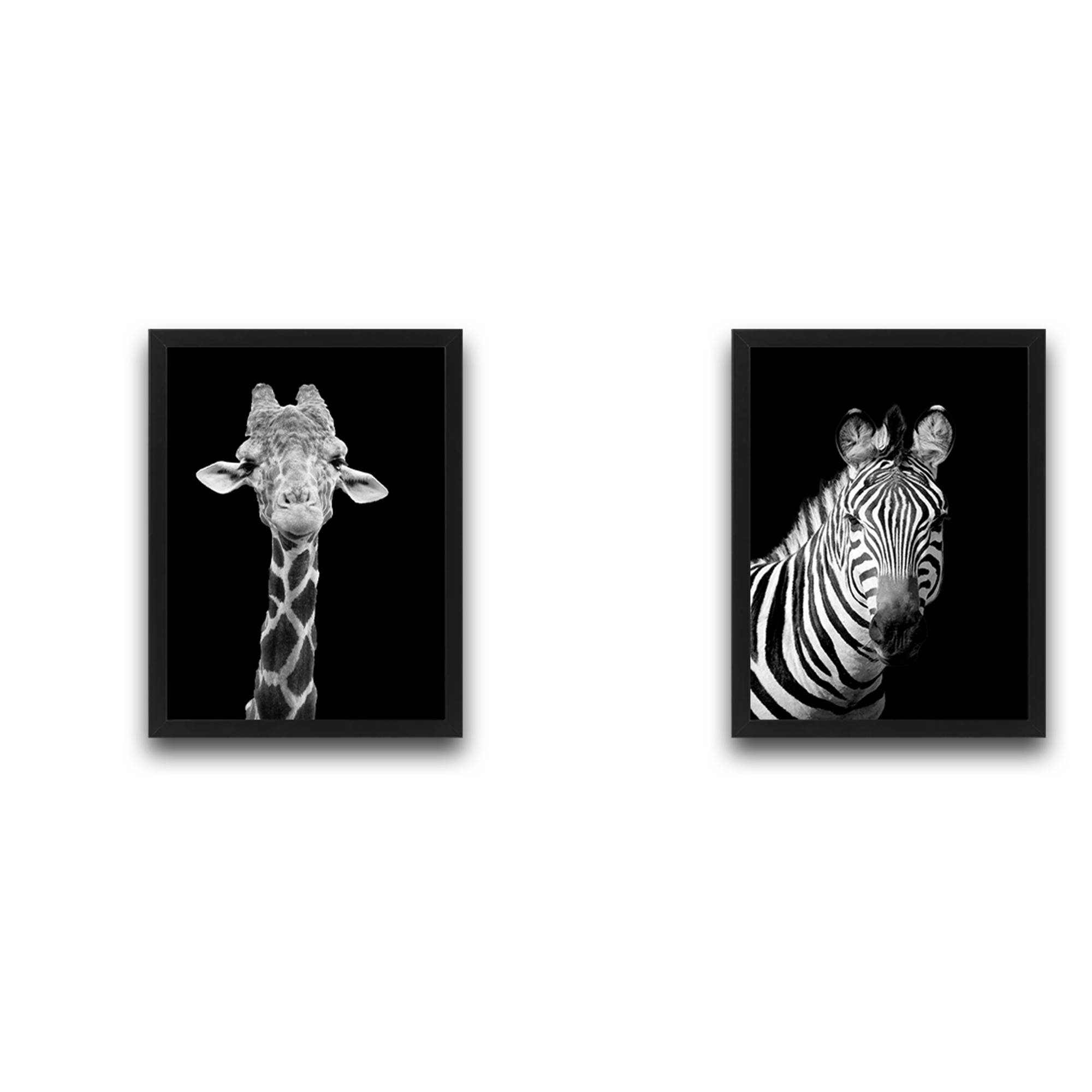 Juego de 2 pinturas decorativas Dúo cebra jirafa Papel y panel laminado Sombras de gris 