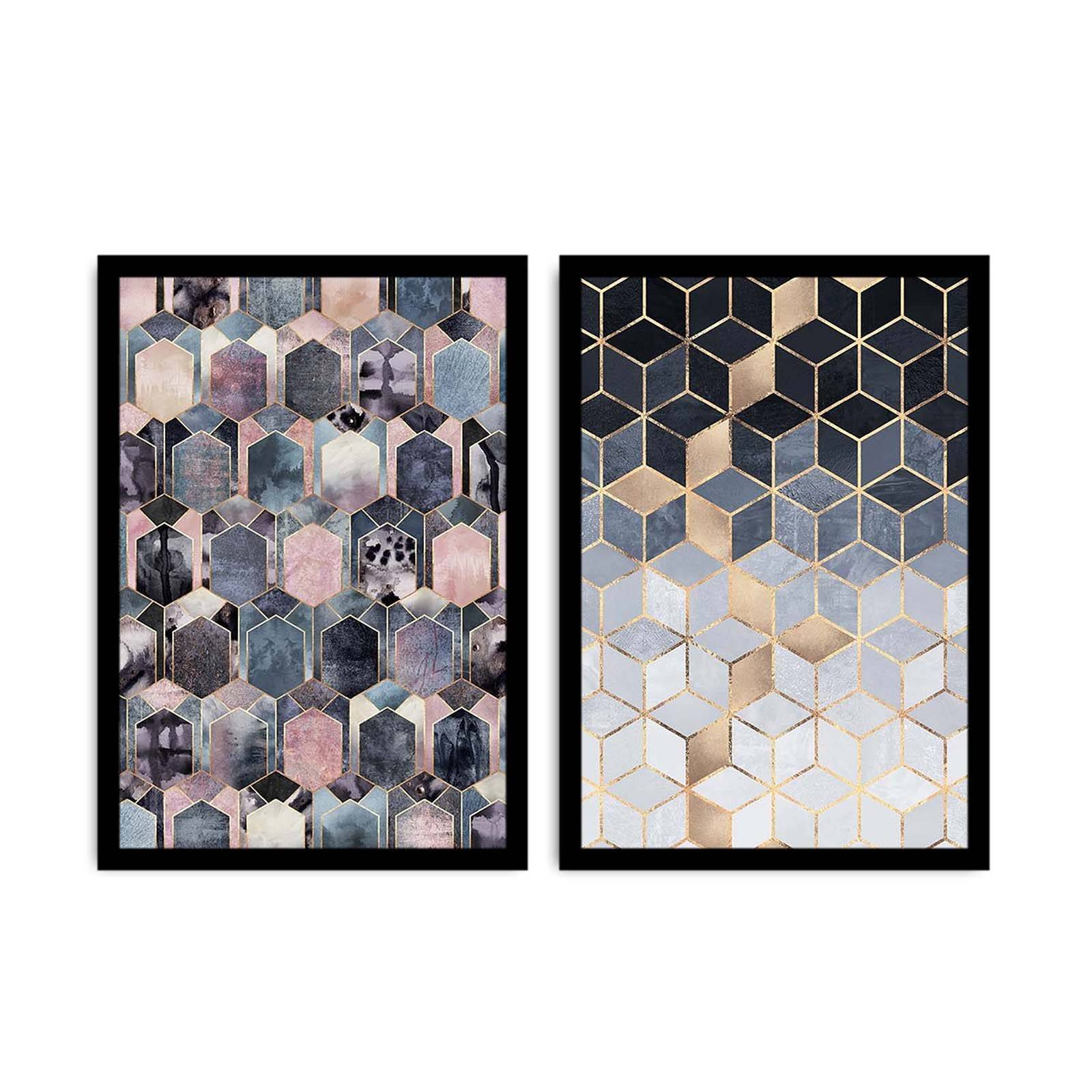2er-Set gerahmte Bilder in Schwarz Pictor L74xH51cm Abstraktes geometrisches Muster, Grautöne, Rosa und Gold