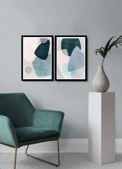 Lot de 2 tableaux encadrée en Noir Pictor L74xH51cm Motif Art graphique minimaliste Bleu, Vert et Rose