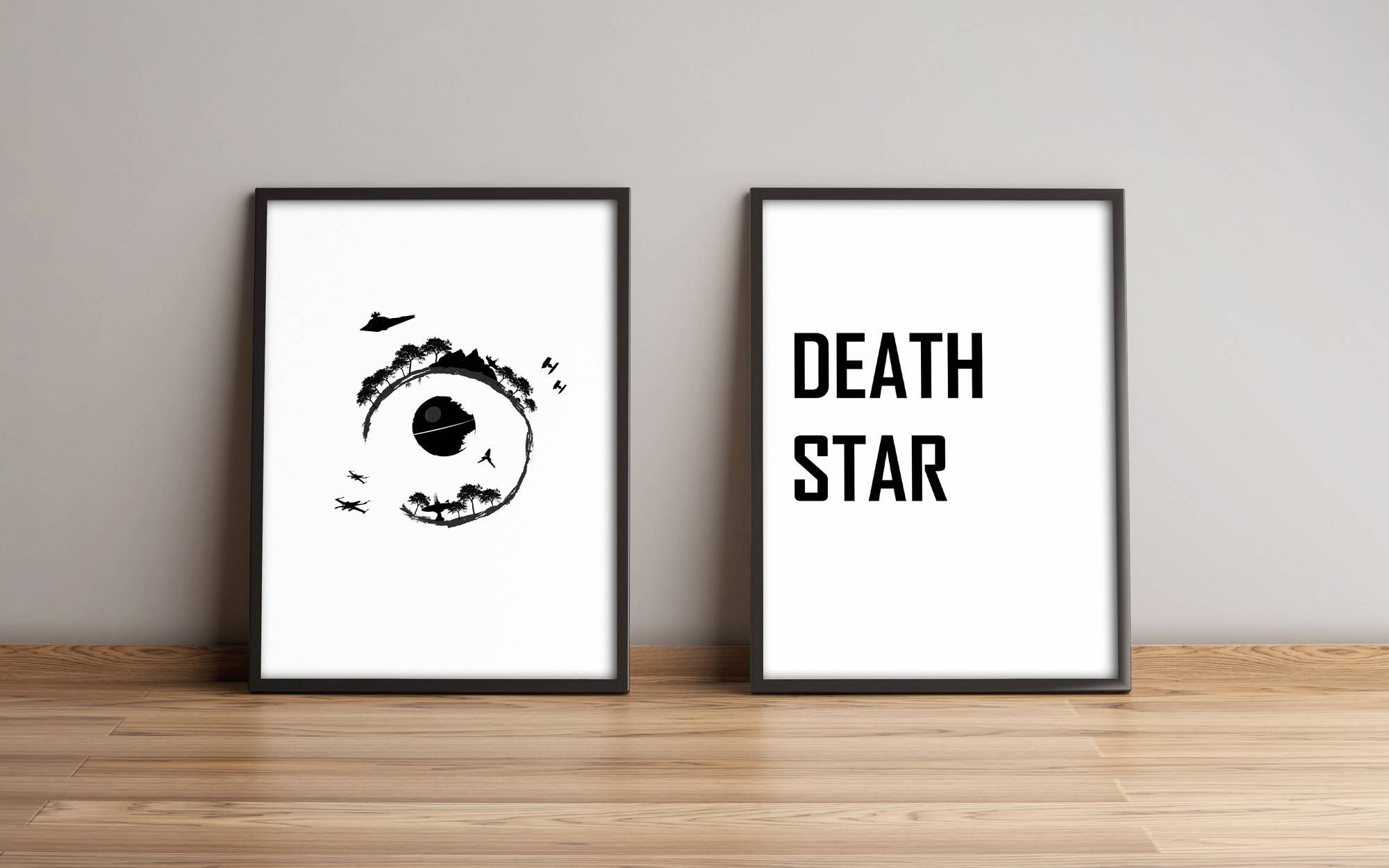 Set van 2 ingelijste schilderijen in zwart Star Wars L51xH74cm Death Star-motief / Death Star Black and White