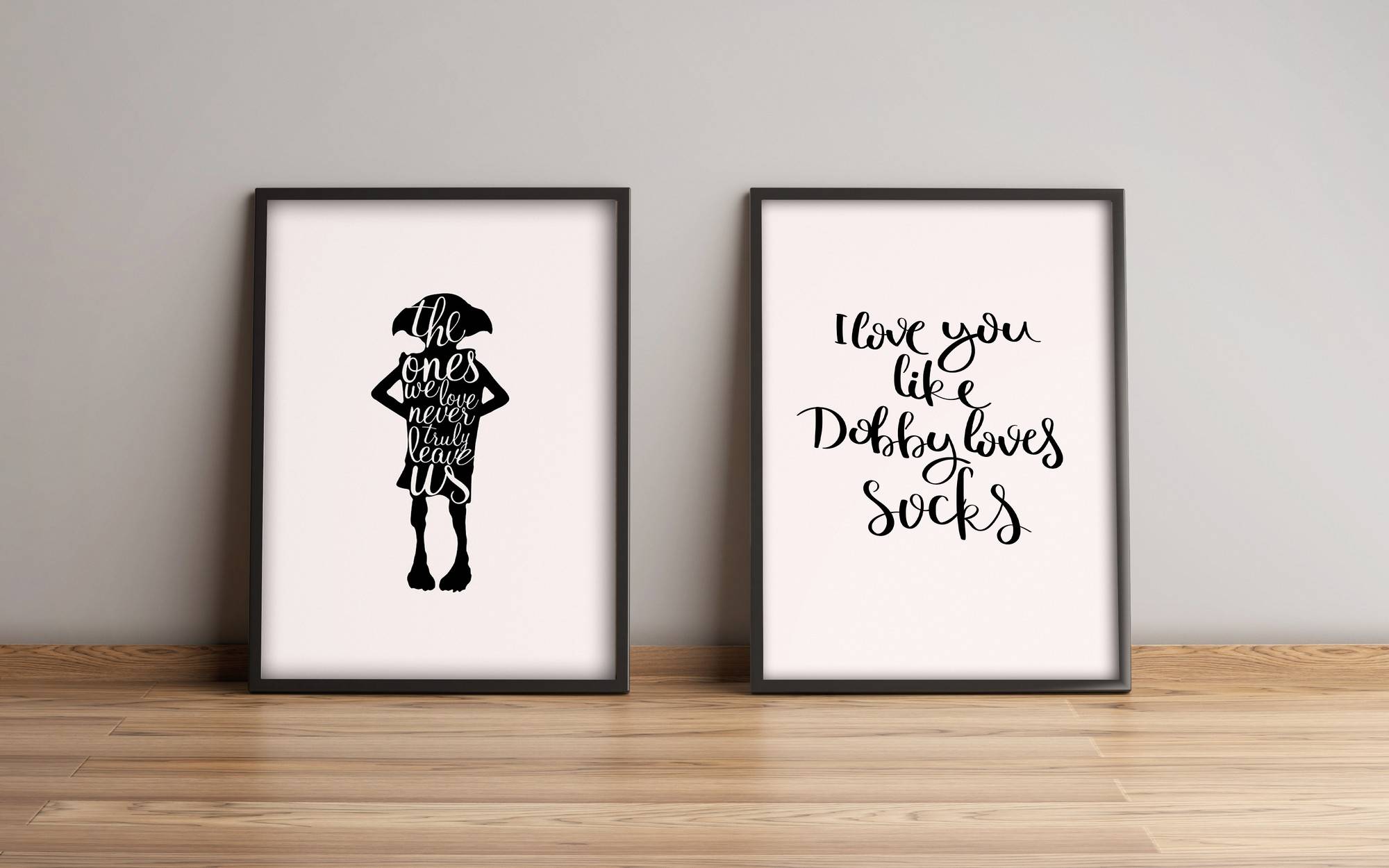 Set di 2 quadri con cornice Harry Potter L74xH51cm Motivo Dobby, citazione in bianco e nero