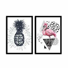 Set mit 2 Pictor-Bildern in Schwarz gerahmt L72xH50cm Rosa Flamingo und Ananas schwarz und weiß