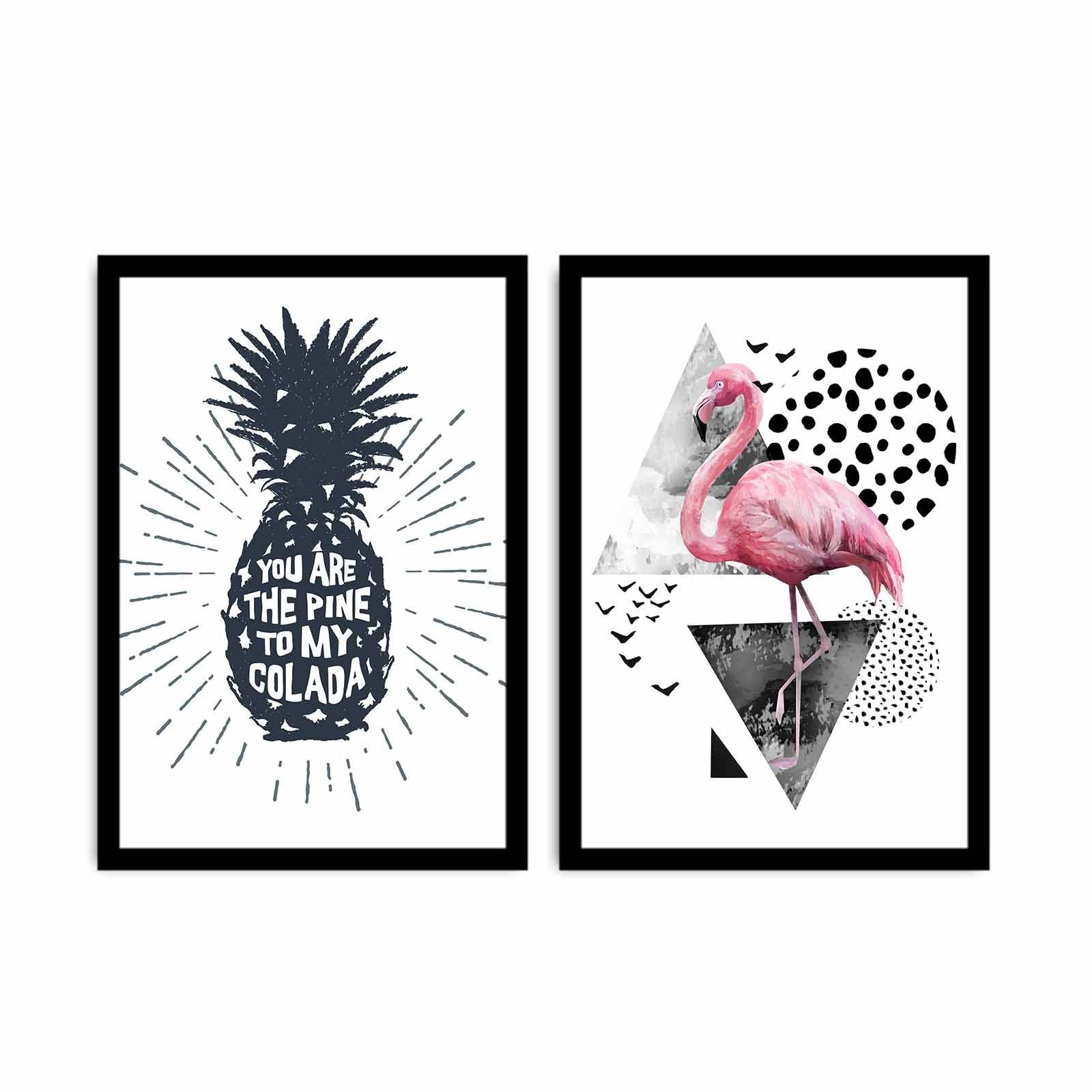 Set van 2 Pictor foto's ingelijst in zwart L72xH50cm Roze flamingo en ananas zwart wit
