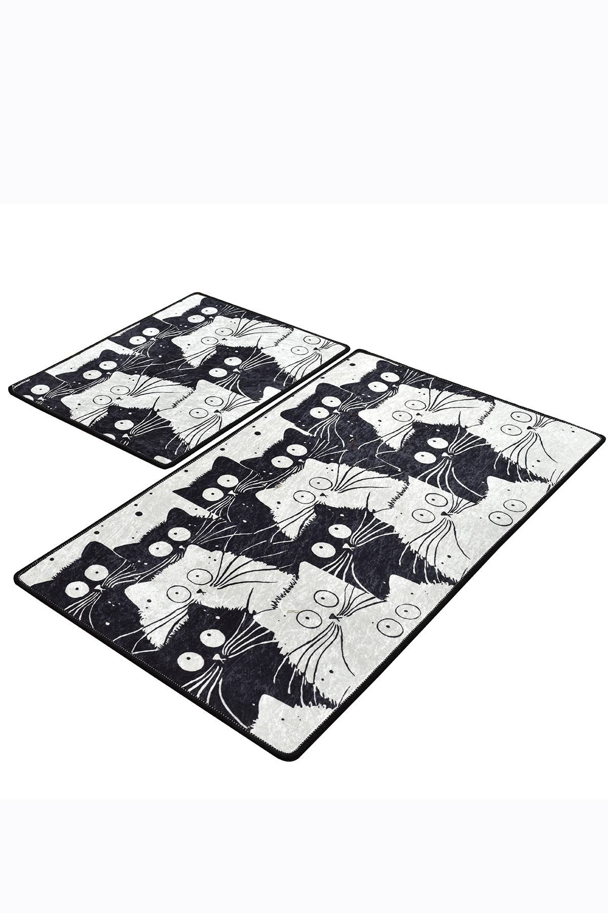 Set van 2 rechthoekige badkamermatten Artem kattengezichten Fluweel Zwart en Wit