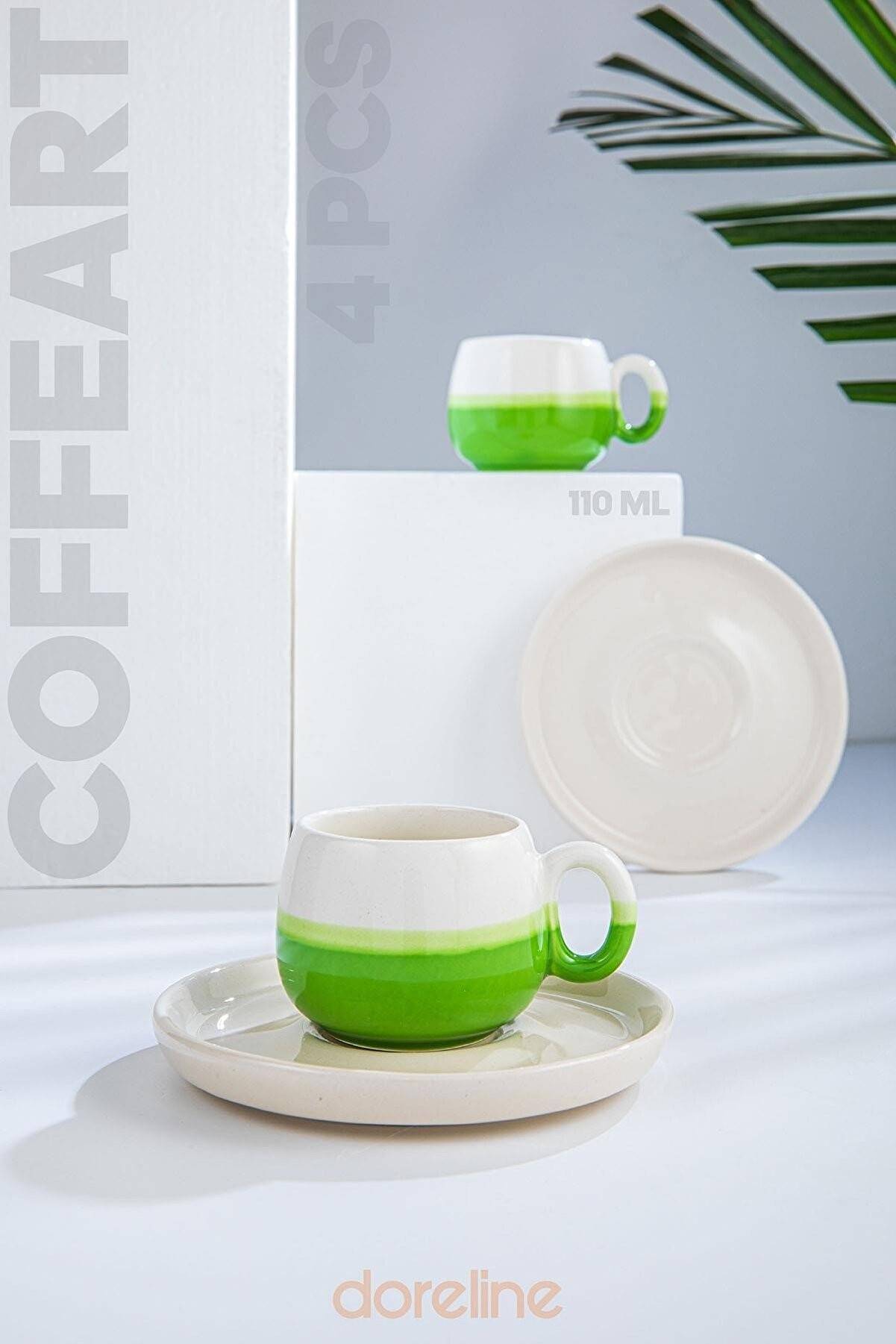 Set van 2 koffiekoppen met schotel Yoroe Keramiek Groen en Wit