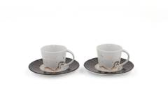 Lot de 2 tasses de café avec sous-tasses Floro 100% Porcelaine Motif Nuages et étoiles Or, Blanc et Noir