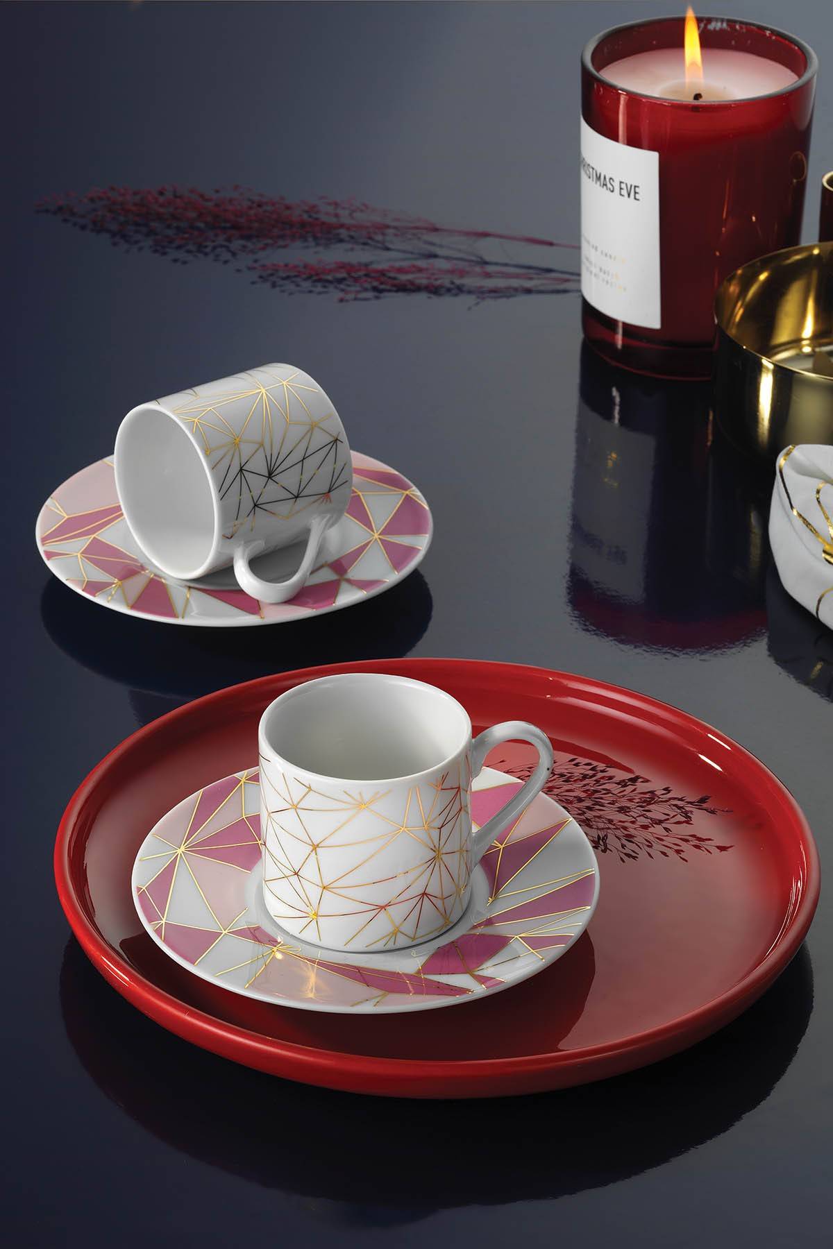 Set van 2 Mahala porseleinen koffiekopjes en schoteltjes Geometrisch patroon Goud, Wit en Roze