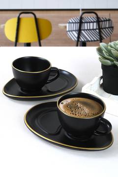 Set mit 2 ovalen Kaffeetassen und Untertassen Letitia 215ml Keramik Schwarz