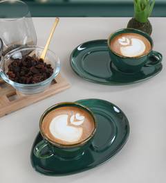 Juego de 2 tazas de café y platos ovalados Letitia 215ml Cerámica Verde
