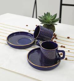 Set mit 2 Kaffeetassen und Untertassen Trabzon 95 ml Keramik Blau und Gold Geometrisches Muster