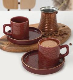 Set di 2 tazzine da caffè e piattini trabzon 95ml Ceramica Marrone e Oro Motivo Geometrico