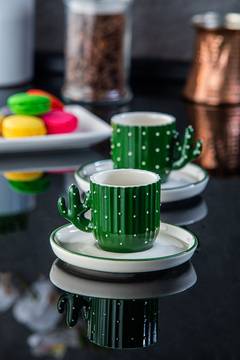 Set di 2 tazze e piattini da caffè Indica 110ml in ceramica con motivo a cactus verde e bianco