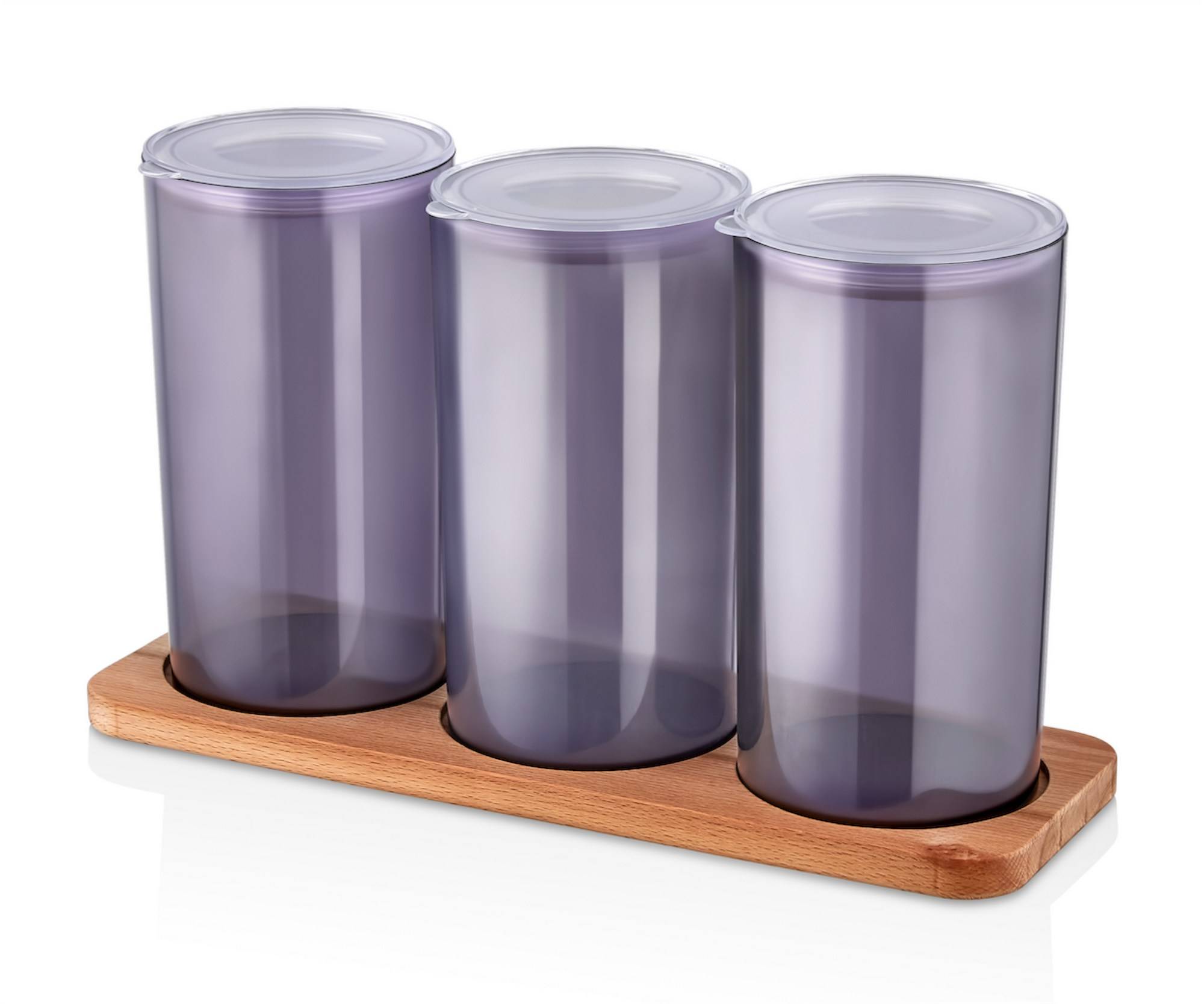 Set aus 3 Gläsern mit Deckel und Holztablett Pamplona 1L rauchig Violett