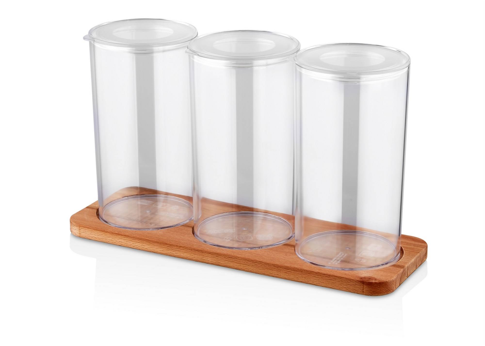 Set aus 3 Gläsern mit Deckel und Holztablett Pamplona 1L Transparent