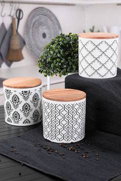 Set von 3 sortierten Vorratsdosen Jarrex Stil Steingut Keramik Holz Schwarz Weiß