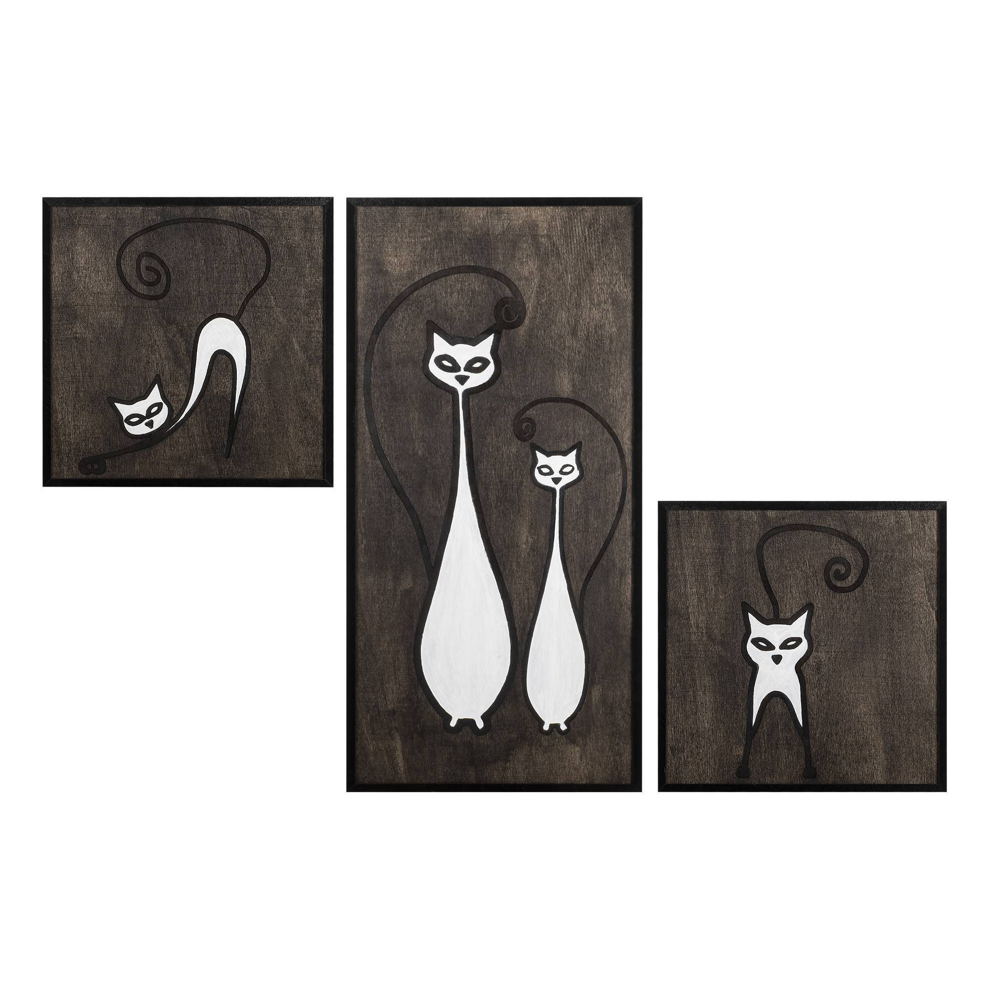 Set mit 3 Chirato-Wandrahmen, dunkle Holzkatzen, schwarz und weiß