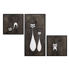 Set mit 3 Chirato-Wandrahmen, dunkle Holzkatzen, schwarz und weiß