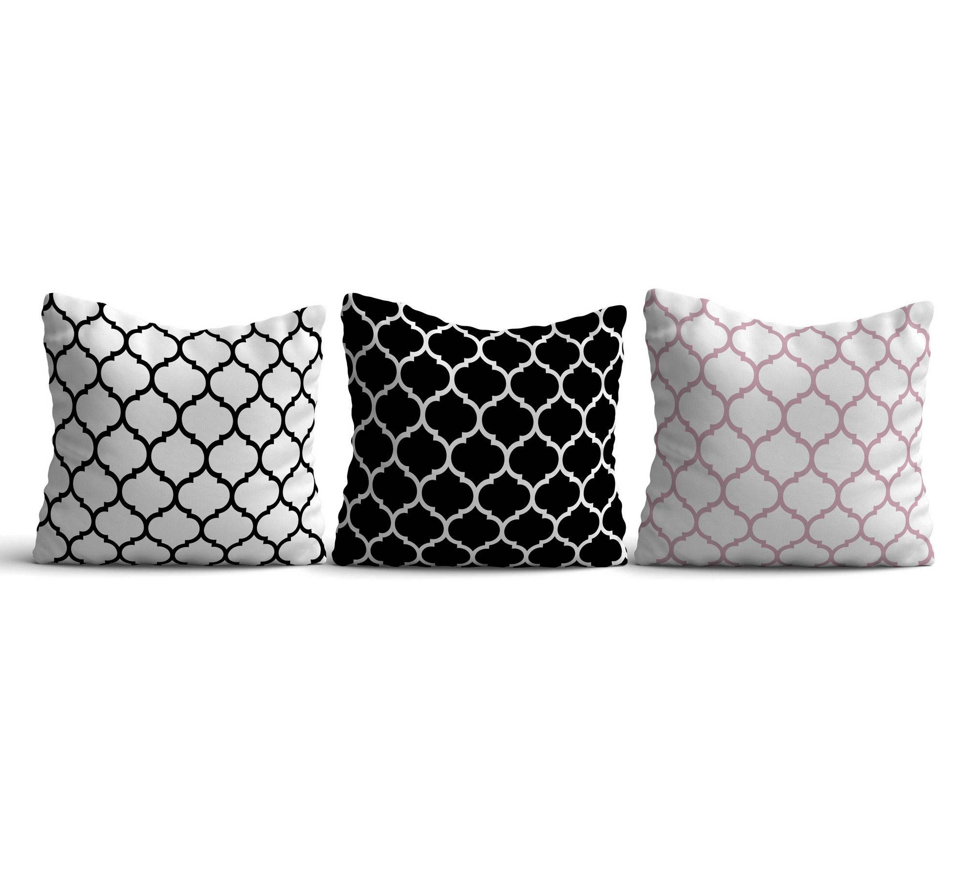 Set di 3 cuscini Awa 43x43cm in tessuto con motivo marocchino, nero, bianco e rosa.